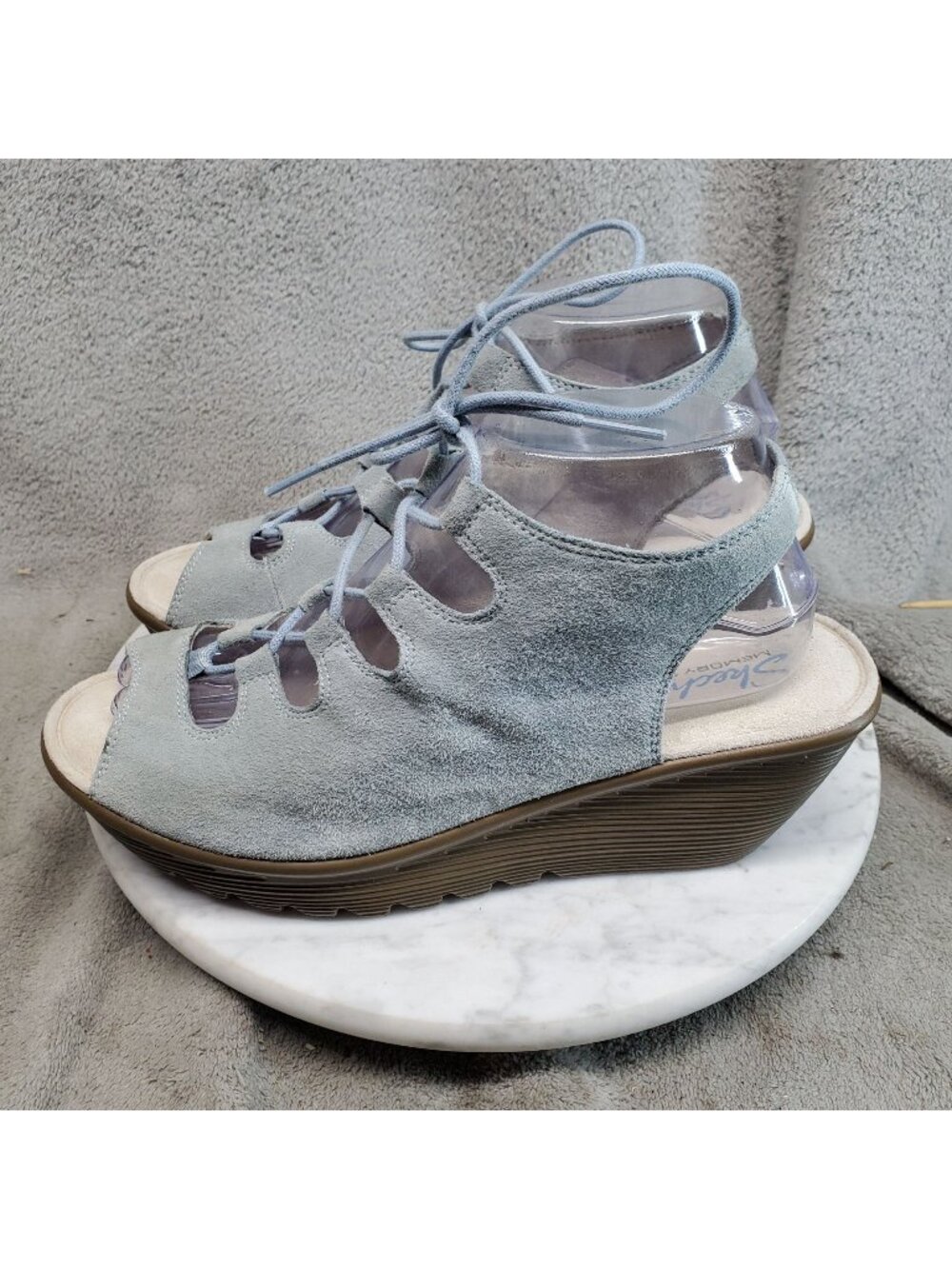 Skechers Shoes Womens SIze 8 Parallel Blue Leather Textile Wedge Sandals *Read*